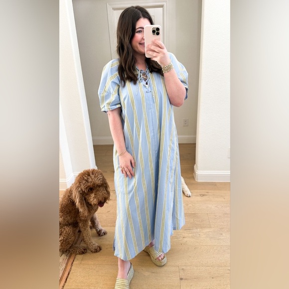 NEW Anthropologie Maeve Short Sleeve Crossover Midi Dress Stripe Blue XL NWT - Picture 4 of 10